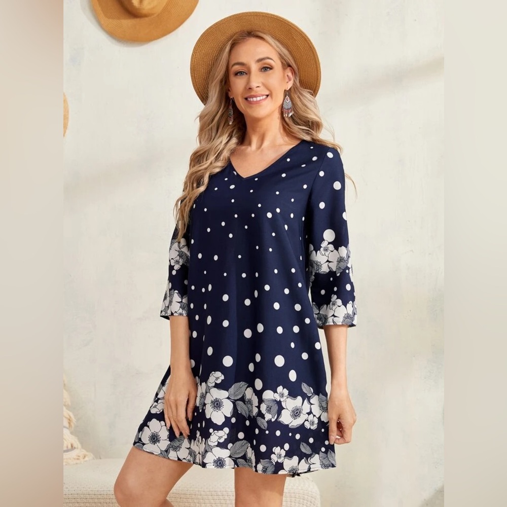 Navy Blue and White Polka Dot and Floral Print Tunic Dress